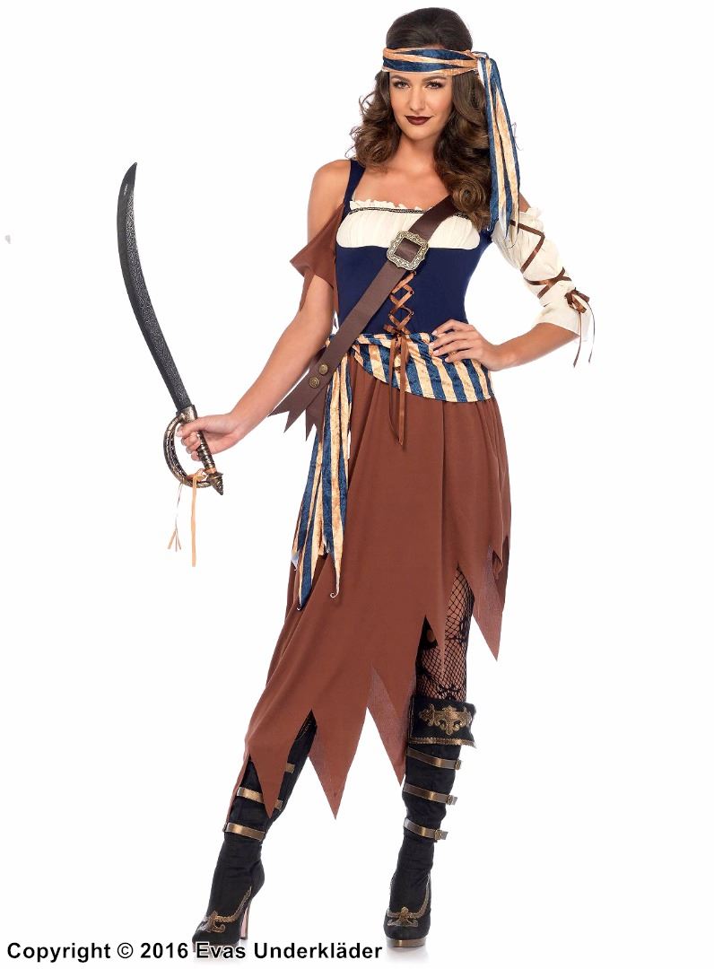 Female pirate, costume dress, lacing, sash, cold shoulder, tatters